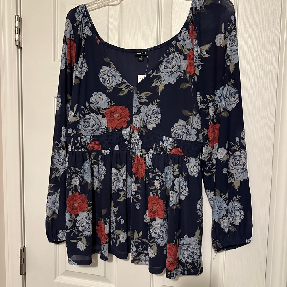 Torrid Blue and White Peplum Blouse Long Sleeve